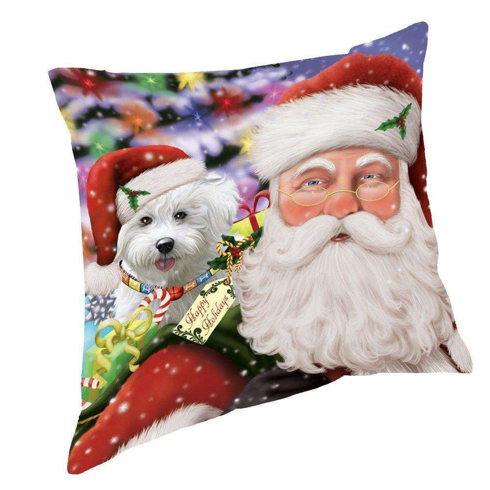 Jolly Old Saint Nick Santa Holding Bichon Frise Dog and Happy Holiday Gifts Throw Pillow