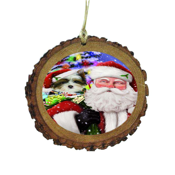 Jolly Old Saint Nick Santa Holding Biewer Dog and Happy Holiday Gifts Wooden Christmas Ornament WOR48819