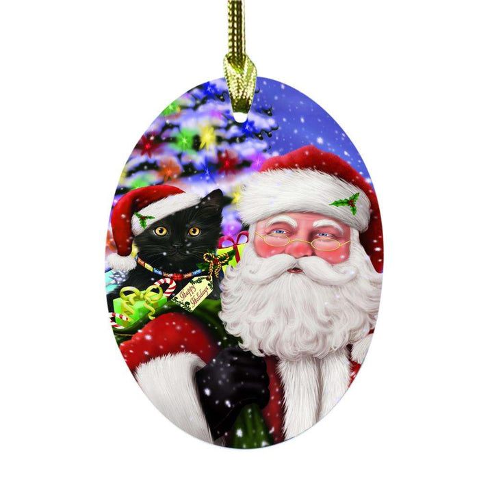 Jolly Old Saint Nick Santa Holding Black Cat and Happy Holiday Gifts Oval Glass Christmas Ornament OGOR48820