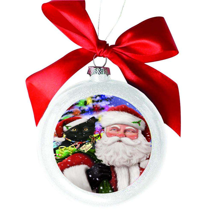 Jolly Old Saint Nick Santa Holding Black Cat and Happy Holiday Gifts White Round Ball Christmas Ornament WBSOR48820