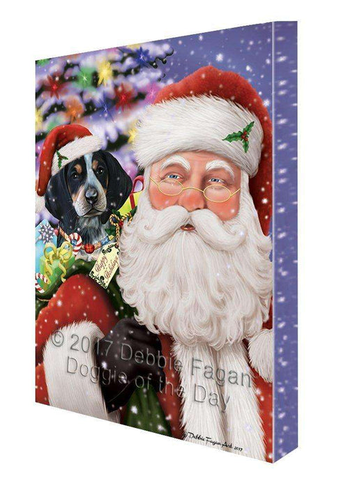 Jolly Old Saint Nick Santa Holding Bluetick Coonhound Dog and Happy Holiday Gifts Canvas Wall Art