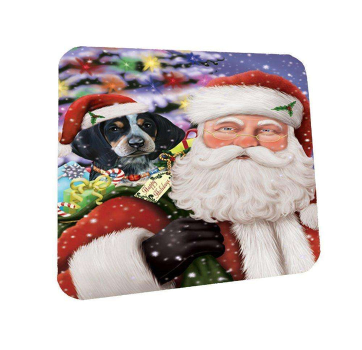 Jolly Old Saint Nick Santa Holding Bluetick Coonhound Dog and Happy Holiday Gifts Coasters Set of 4