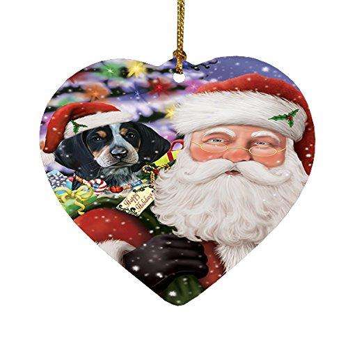 Jolly Old Saint Nick Santa Holding Bluetick Coonhound Dog and Happy Holiday Gifts Heart Christmas Ornament