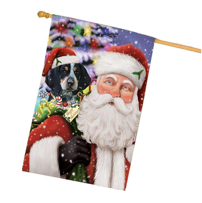 Jolly Old Saint Nick Santa Holding Bluetick Coonhound Dog and Happy Holiday Gifts House Flag