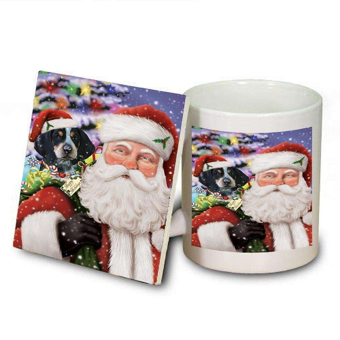 Jolly Old Saint Nick Santa Holding Bluetick Coonhound Dog and Happy Holiday Gifts Mug and Coaster Set