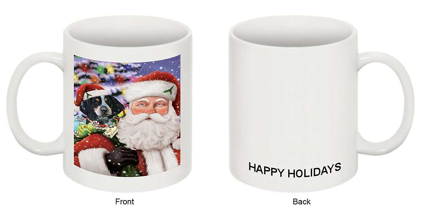 Jolly Old Saint Nick Santa Holding Bluetick Coonhound Dog and Happy Holiday Gifts Mug