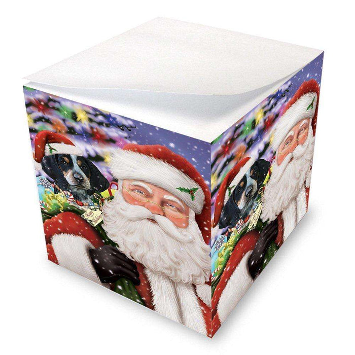 Jolly Old Saint Nick Santa Holding Bluetick Coonhound Dog and Happy Holiday Gifts Note Cube D185