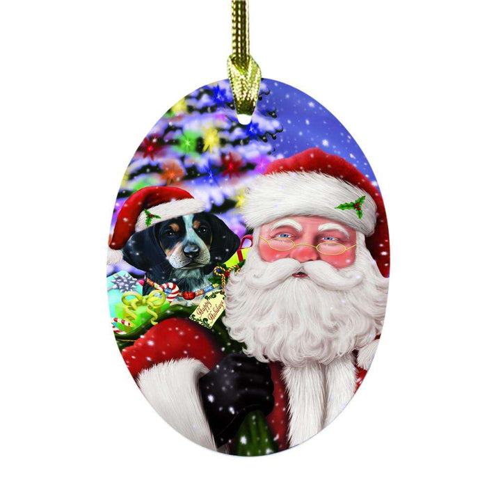 Jolly Old Saint Nick Santa Holding Bluetick Coonhound Dog and Happy Holiday Gifts Oval Glass Christmas Ornament OGOR48824
