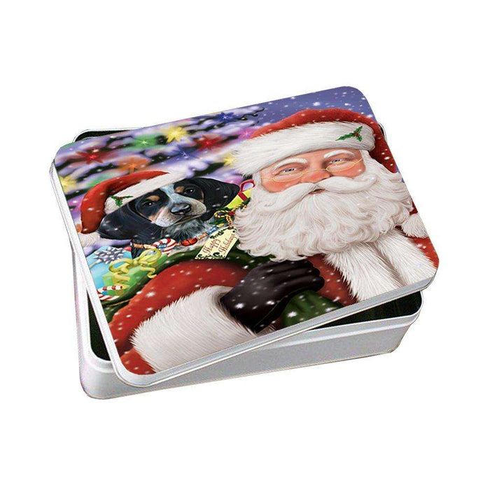 Jolly Old Saint Nick Santa Holding Bluetick Coonhound Dog and Happy Holiday Gifts Photo Storage Tin