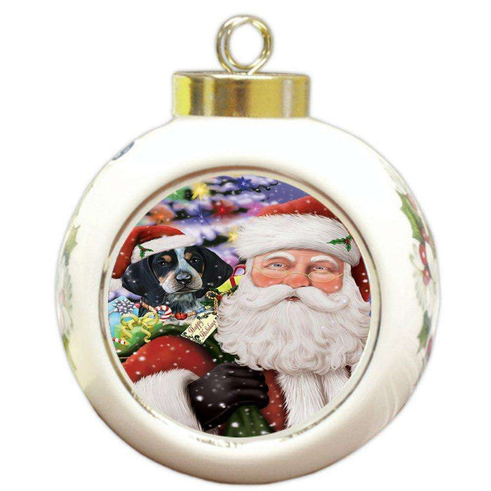 Jolly Old Saint Nick Santa Holding Bluetick Coonhound Dog and Happy Holiday Gifts Round Ball Christmas Ornament