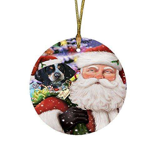 Jolly Old Saint Nick Santa Holding Bluetick Coonhound Dog and Happy Holiday Gifts Round Christmas Ornament
