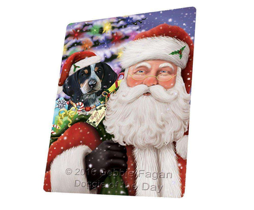 Jolly Old Saint Nick Santa Holding Bluetick Coonhound Dog and Happy Holiday Gifts Tempered Cutting Board