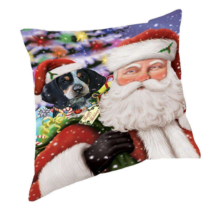 Jolly Old Saint Nick Santa Holding Bluetick Coonhound Dog and Happy Holiday Gifts Throw Pillow