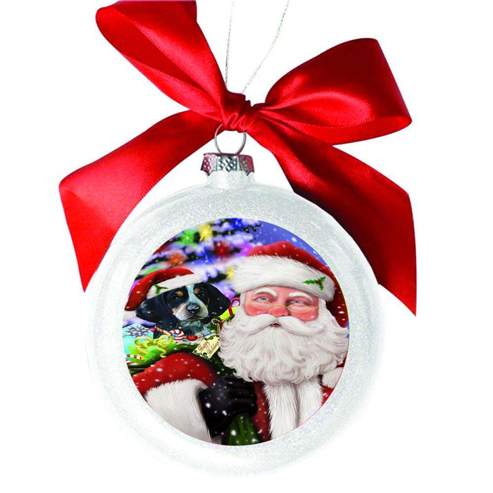Jolly Old Saint Nick Santa Holding Bluetick Coonhound Dog and Happy Holiday Gifts White Round Ball Christmas Ornament WBSOR48824