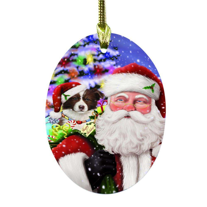 Jolly Old Saint Nick Santa Holding Border Collie Dog and Happy Holiday Gifts Oval Glass Christmas Ornament OGOR48825