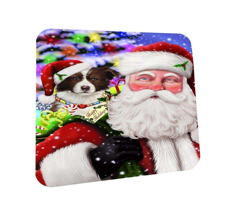 Jolly Old Saint Nick Santa Holding Border Collies Dog and Happy Holiday Gifts Coasters Set of 4