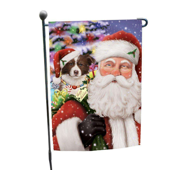 Jolly Old Saint Nick Santa Holding Border Collies Dog and Happy Holiday Gifts Garden Flag