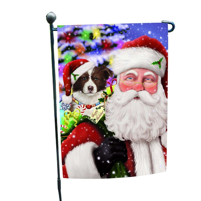 Jolly Old Saint Nick Santa Holding Border Collies Dog and Happy Holiday Gifts Garden Flag