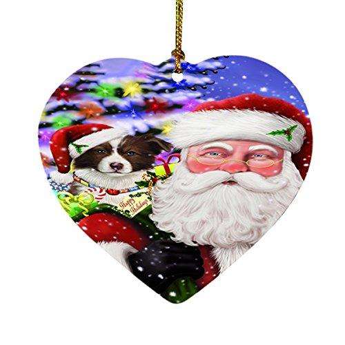 Jolly Old Saint Nick Santa Holding Border Collies Dog and Happy Holiday Gifts Heart Christmas Ornament D178