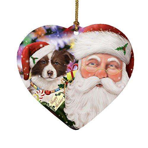 Jolly Old Saint Nick Santa Holding Border Collies Dog and Happy Holiday Gifts Heart Christmas Ornament