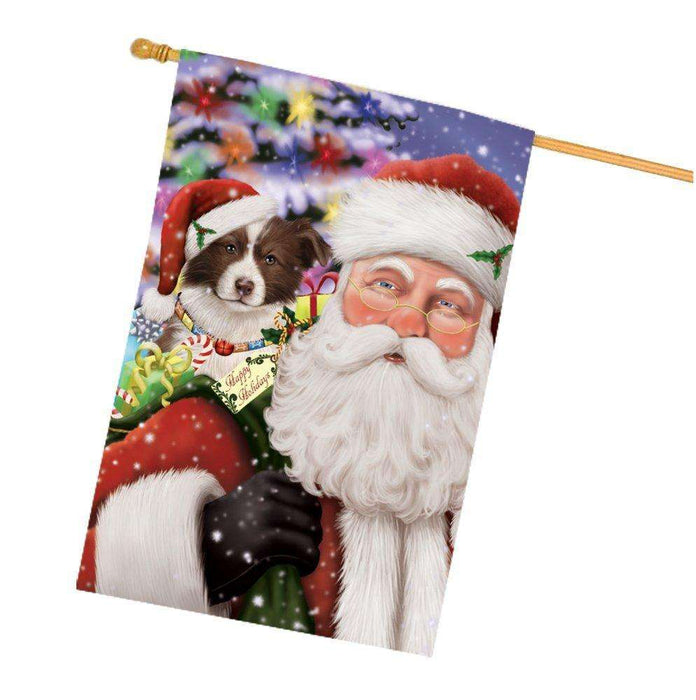 Jolly Old Saint Nick Santa Holding Border Collies Dog and Happy Holiday Gifts House Flag