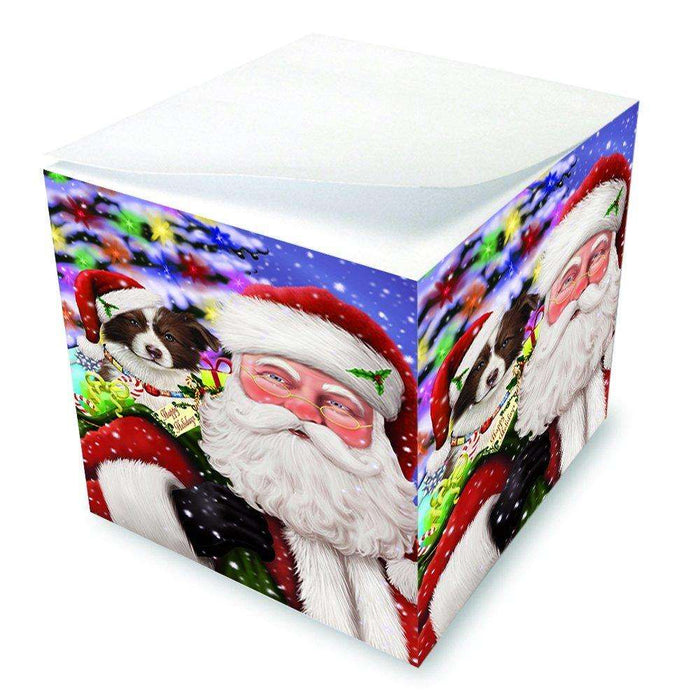 Jolly Old Saint Nick Santa Holding Border Collies Dog and Happy Holiday Gifts Note Cube D208
