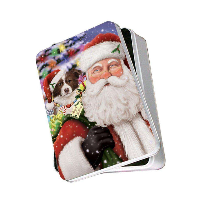 Jolly Old Saint Nick Santa Holding Border Collies Dog and Happy Holiday Gifts Photo Storage Tin