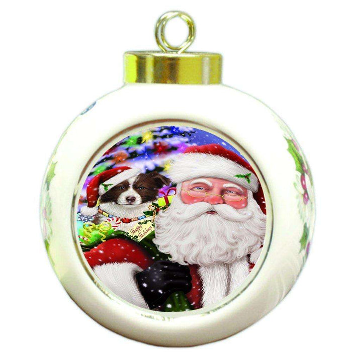 Jolly Old Saint Nick Santa Holding Border Collies Dog and Happy Holiday Gifts Round Ball Christmas Ornament D178