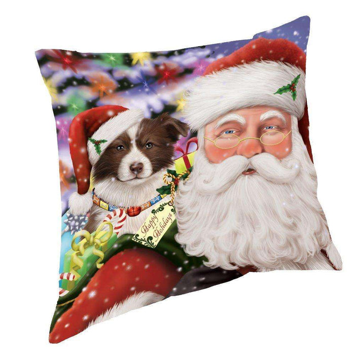 Jolly Old Saint Nick Santa Holding Border Collies Dog and Happy Holiday Gifts Throw Pillow
