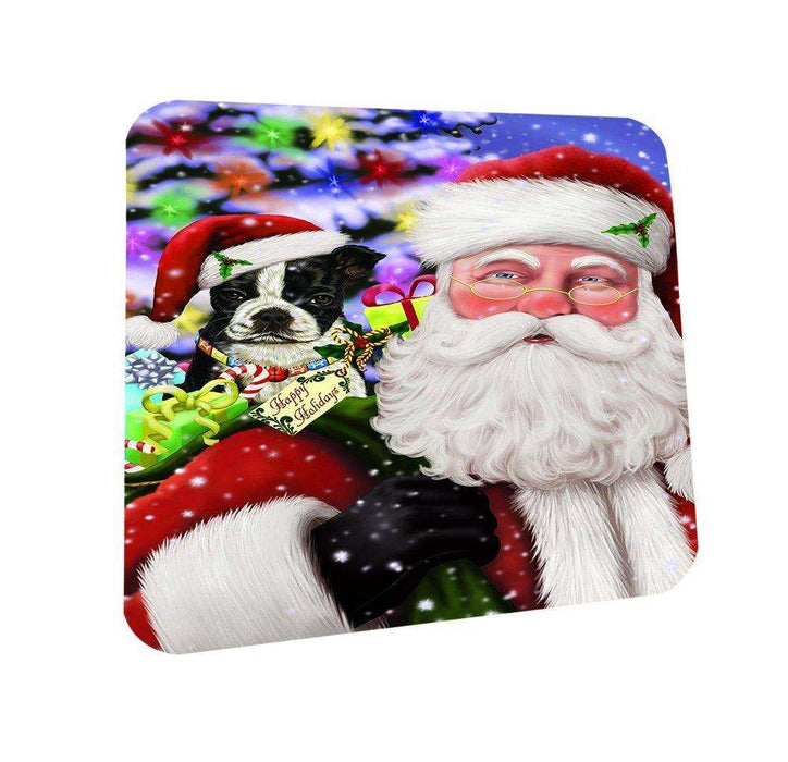Jolly Old Saint Nick Santa Holding Boston Dog and Happy Holiday Gifts Coasters Set of 4