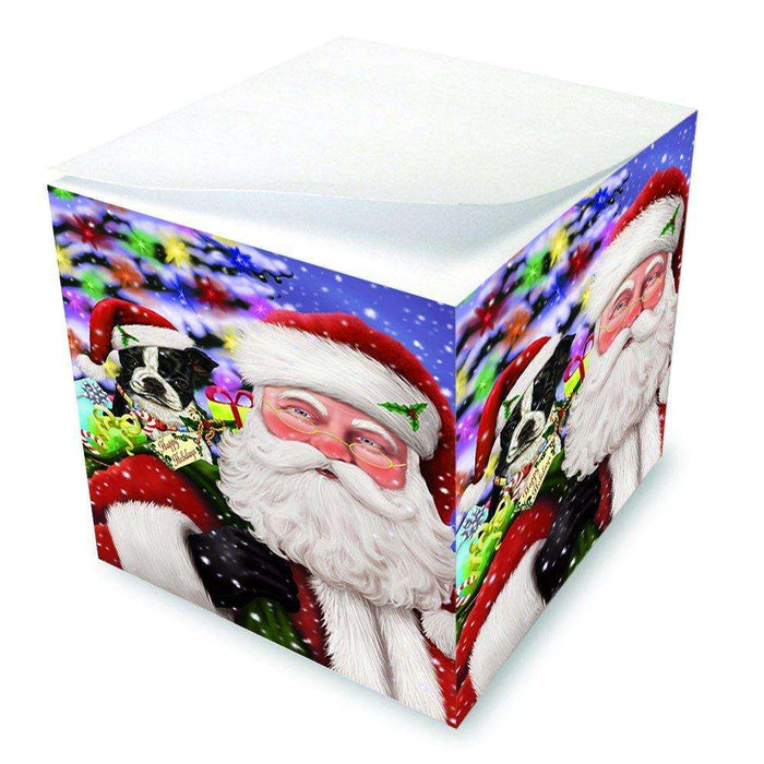 Jolly Old Saint Nick Santa Holding Boston Dog and Happy Holiday Gifts Note Cube D209
