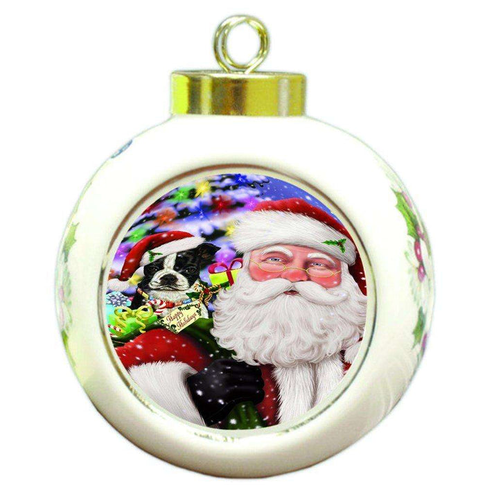 Jolly Old Saint Nick Santa Holding Boston Dog and Happy Holiday Gifts Round Ball Christmas Ornament D179