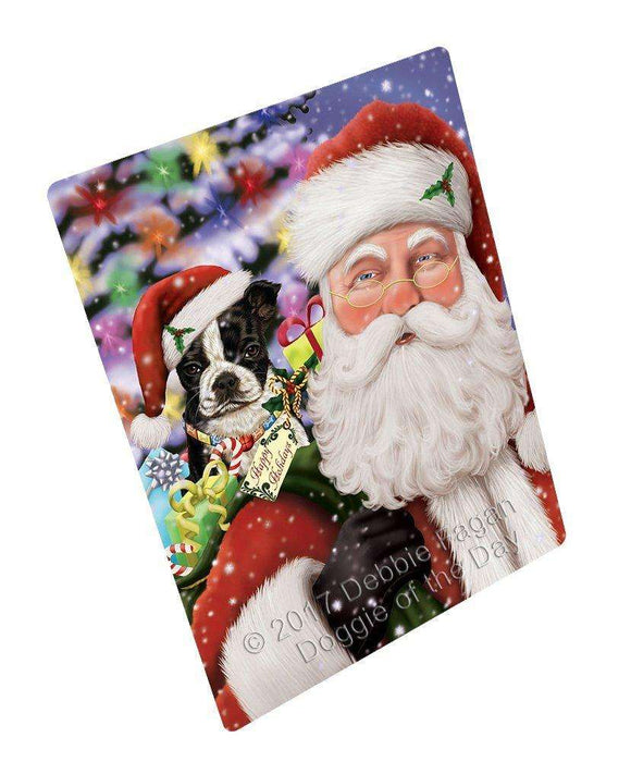 Jolly Old Saint Nick Santa Holding Boston Terrier Dog and Happy Holiday Gifts Tempered Cutting Board