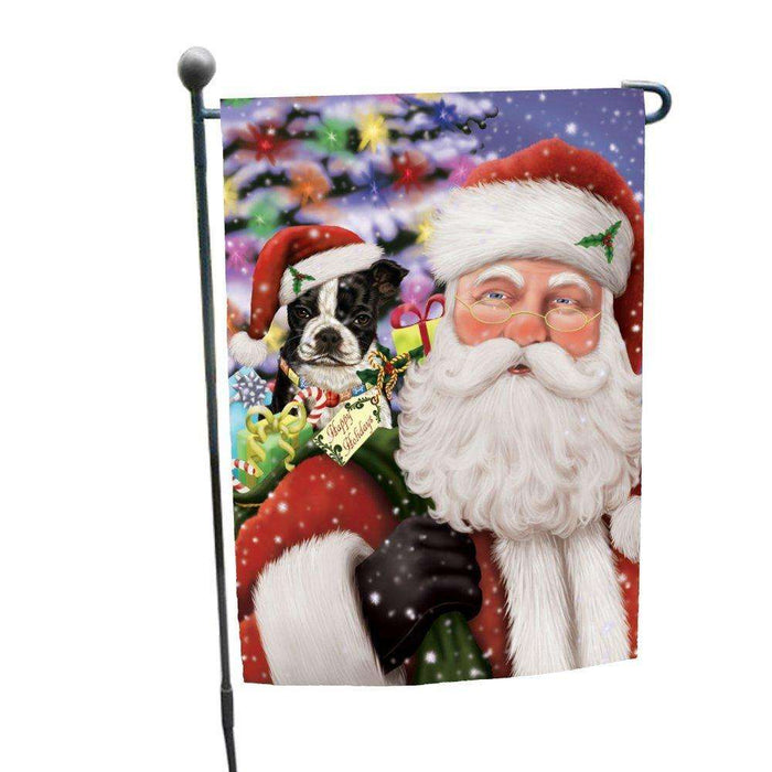 Jolly Old Saint Nick Santa Holding Boston Terriers Dog and Happy Holiday Gifts Garden Flag