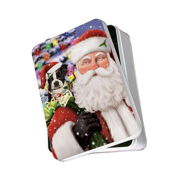Jolly Old Saint Nick Santa Holding Boston Terriers Dog and Happy Holiday Gifts Photo Storage Tin