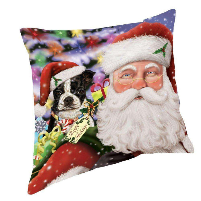 Jolly Old Saint Nick Santa Holding Boston Terriers Dog and Happy Holiday Gifts Throw Pillow