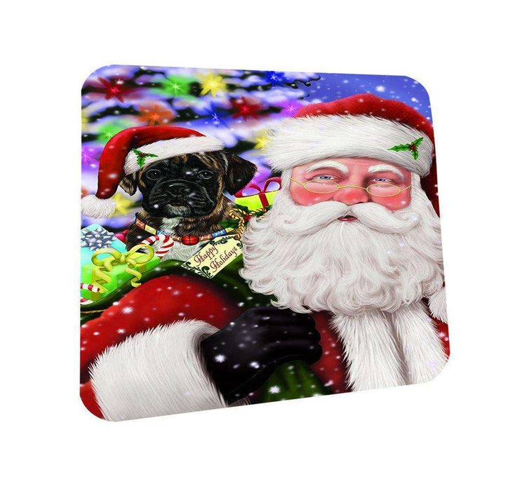 Jolly Old Saint Nick Santa Holding Boxers Dog and Happy Holiday Gifts Coasters Set of 4