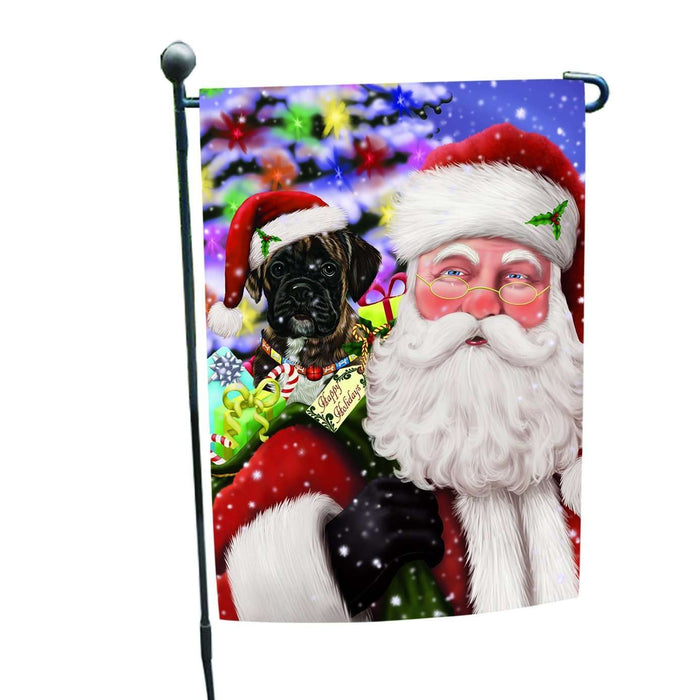 Jolly Old Saint Nick Santa Holding Boxers Dog and Happy Holiday Gifts Garden Flag