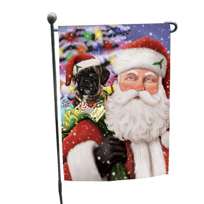 Jolly Old Saint Nick Santa Holding Boxers Dog and Happy Holiday Gifts Garden Flag