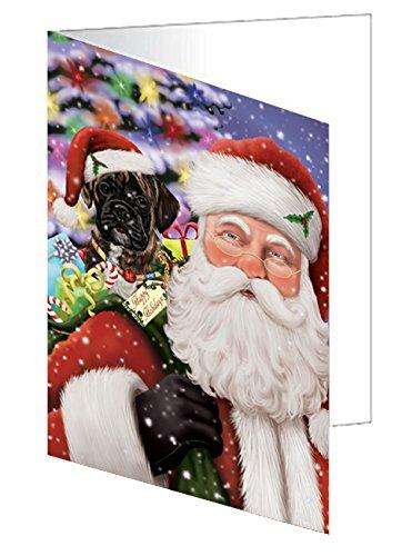 Jolly Old Saint Nick Santa Holding Boxers Dog and Happy Holiday Gifts Handmade Artwork Assorted Pets Greeting Cards and Note Cards with Envelopes for All Occasions and Holiday Seasons