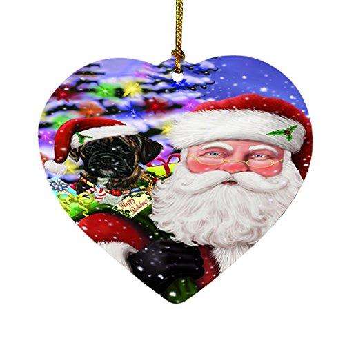 Jolly Old Saint Nick Santa Holding Boxers Dog and Happy Holiday Gifts Heart Christmas Ornament D180