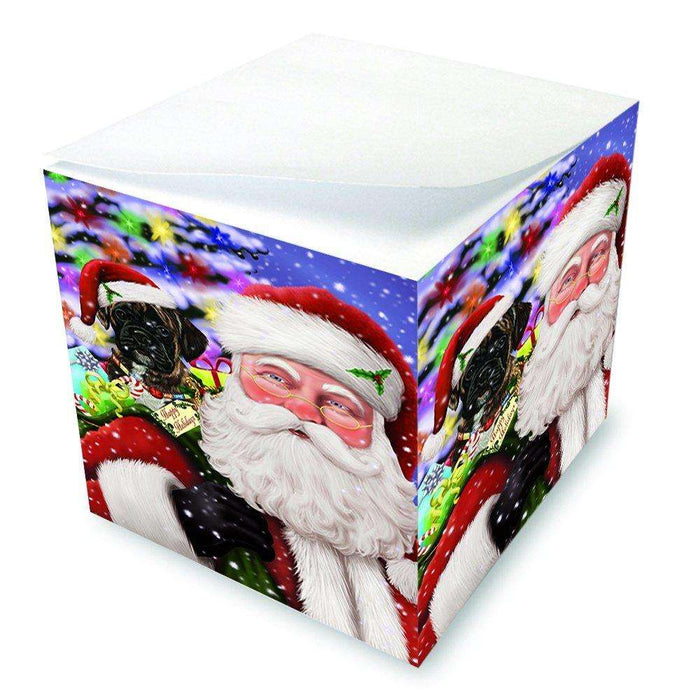 Jolly Old Saint Nick Santa Holding Boxers Dog and Happy Holiday Gifts Note Cube D210