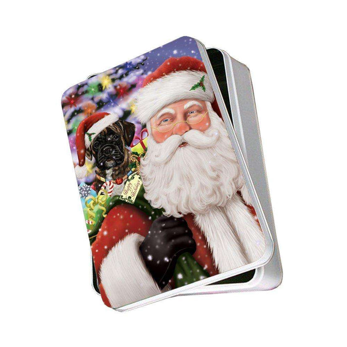 Jolly Old Saint Nick Santa Holding Boxers Dog and Happy Holiday Gifts Photo Storage Tin