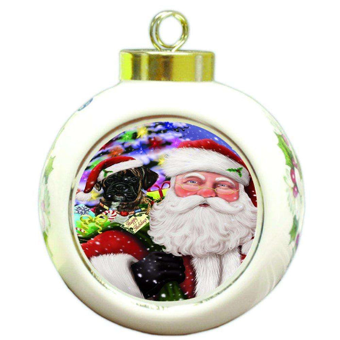 Jolly Old Saint Nick Santa Holding Boxers Dog and Happy Holiday Gifts Round Ball Christmas Ornament D180
