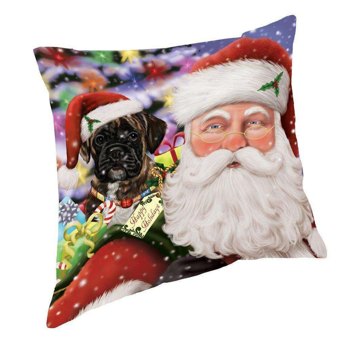 Jolly Old Saint Nick Santa Holding Boxers Dog and Happy Holiday Gifts Throw Pillow