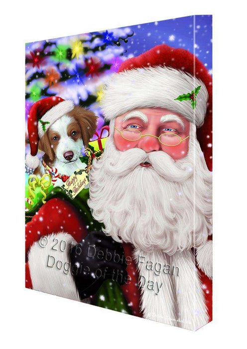Jolly Old Saint Nick Santa Holding Brittany Spaniel Dog and Happy Holiday Gifts Canvas Wall Art