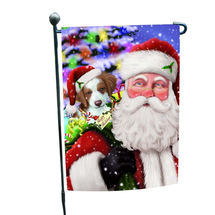 Jolly Old Saint Nick Santa Holding Brittany Spaniel Dog and Happy Holiday Gifts Garden Flag