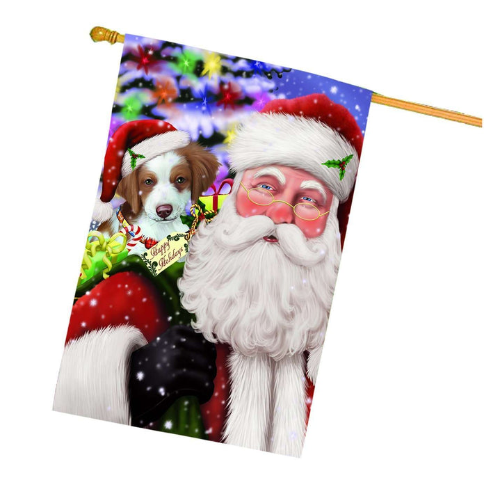 Jolly Old Saint Nick Santa Holding Brittany Spaniel Dog and Happy Holiday Gifts House Flag