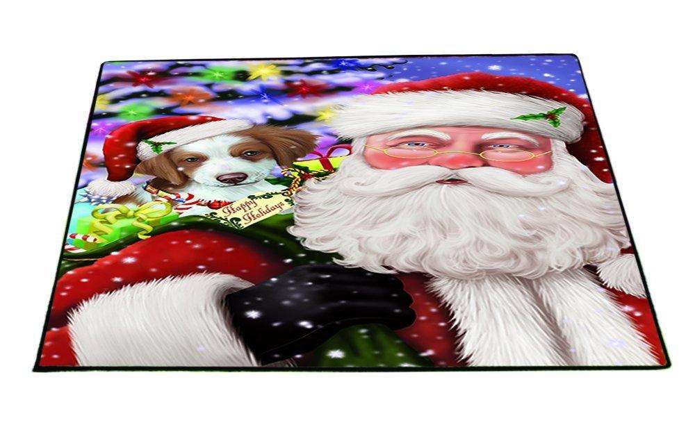 Jolly Old Saint Nick Santa Holding Brittany Spaniel Dog and Happy Holiday Gifts Indoor/Outdoor Floormat