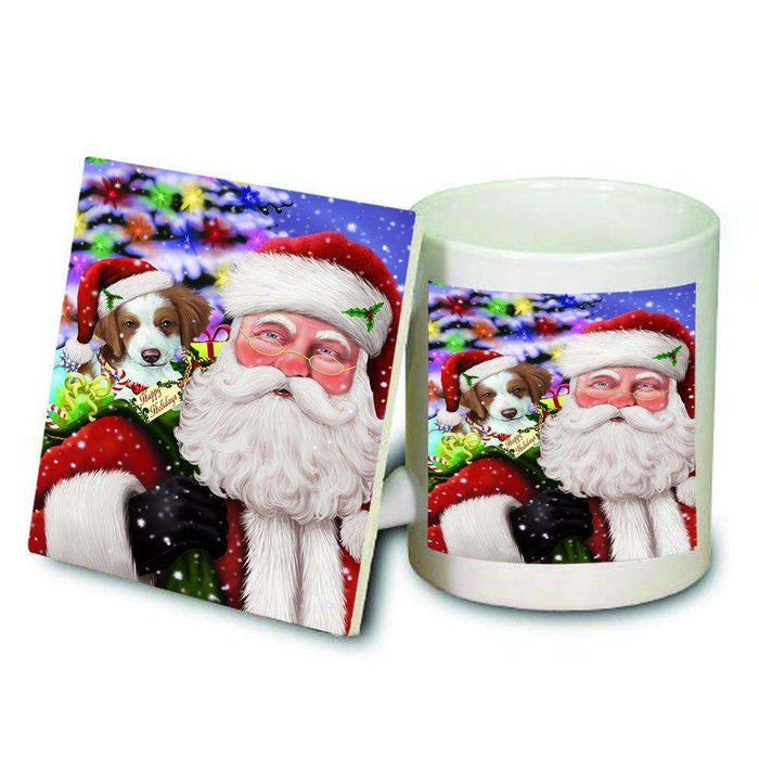 Jolly Old Saint Nick Santa Holding Brittany Spaniel Dog and Happy Holiday Gifts Mug and Coaster Set